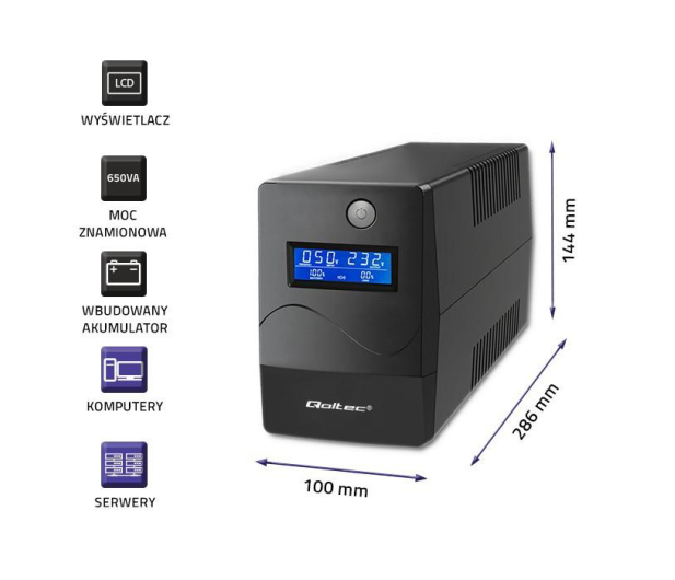 Qoltec Monolith (650VA/360W, 2xSchuko, USB, LCD, AVR) - 745083 - zdjęcie 4